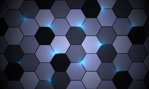 Grey hexagon vector abstract background with blue colored lights Stock Illustration
