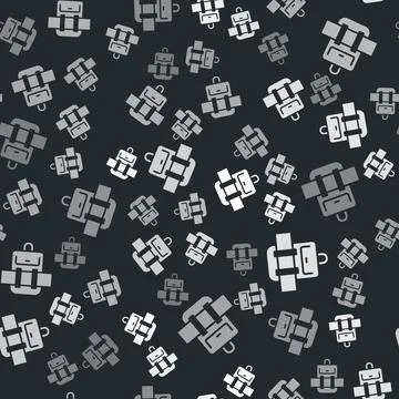 Grey Hiking backpack icon isolated seamless pattern on black background. Camping 库存插图