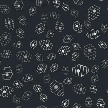 Grey Hive for bees icon isolated seamless pattern on black background. Beehive Ilustración de archivo