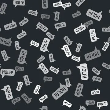 Grey Hola in different languages icon isolated seamless pattern on black Stock Illustration