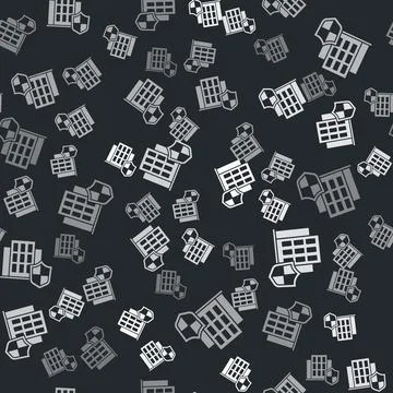 Grey House with shield icon isolated seamless pattern on black background Stock Illustration