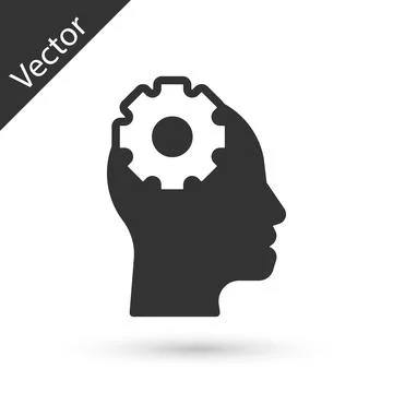 Grey Human head with gear inside icon isolated on white background. Artificial Stock Illustration