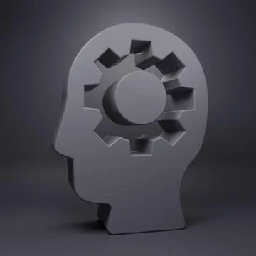 Grey Human head with gear inside icon isolated on grey background. Artifici.. Illustrazione stock