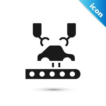 Grey Industrial machine robotic robot arm hand on car factory icon isolated on Illustrazione stock