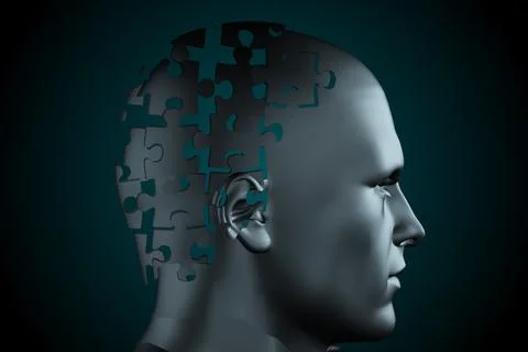Grey jigsaw head with missing pieces Stock Illustration