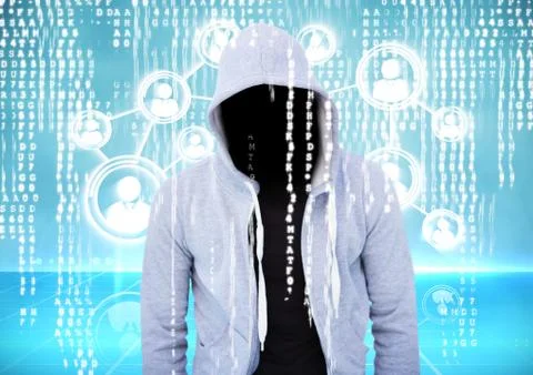 Grey jumper hacker. connect, binary code 写真素材
