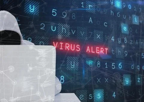 Grey jumper hacker with out face with the computer in the desk. Virus alert 스톡 일러스트