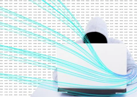 Grey jumper hacker with out face with the computer in the desk. binary code 스톡 일러스트