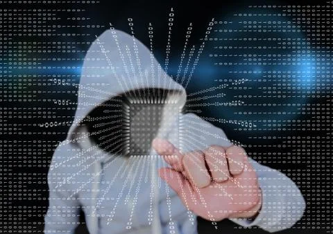 Grey jumper hacker with out face blue blurred background and binary code with Stock Illustration