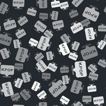 Grey K-pop icon isolated seamless pattern on black background. Korean popular Stock Illustration