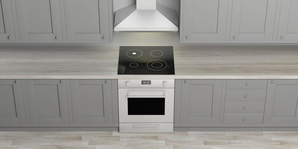 Grey kitchen cabinets and eletric stove with ceramic hob and hood, wooden flo Stock Illustration