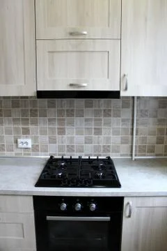 Grey kitchen cabinets. Interior design Foto stock