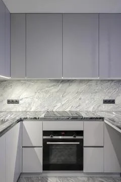 Grey kitchen interior marble backsplash Stock Photos