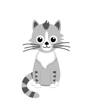 Grey kitty with stripes is sitting. Cute kitten. Grey cat. Flat, cartoon, vector Stock Illustration