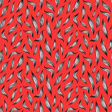 Grey leaves on a red background seamless pattern Illustrazione stock