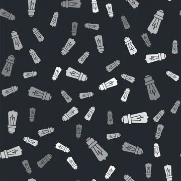 Grey Light bulb with concept of idea icon isolated seamless pattern on black Stock Illustration