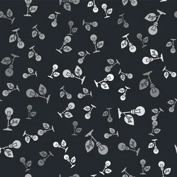 Grey Light bulb with leaf icon isolated seamless pattern on black background Stock Illustration