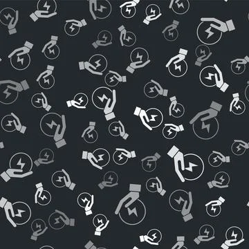Grey Lightning bolt icon isolated seamless pattern on black background. Flash Illustrazione stock