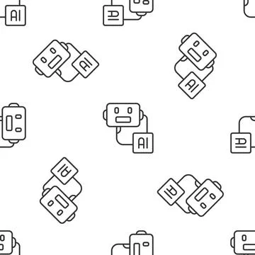 Grey line Artificial intelligence robot icon isolated seamless pattern on white Stock Illustration
