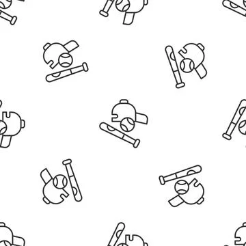 Grey line Baseball bat with ball, hat icon isolated seamless pattern on white Stock Illustration