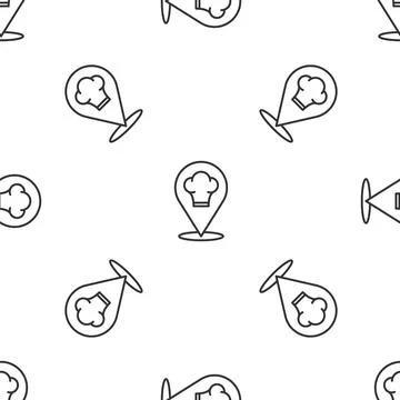 Grey line Chef hat with location icon isolated seamless pattern on white ba.. Stock Illustration