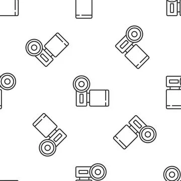 Grey line Cinema camera icon isolated seamless pattern on white background. V Stock Illustration