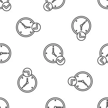 Grey line Clock icon isolated seamless pattern on white background. Time symbol Stock Illustration