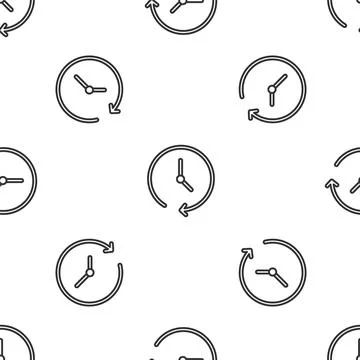 Grey line Clock icon isolated seamless pattern on white background. Time symb 스톡 일러스트