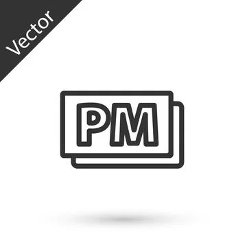 Grey line Clock PM icon isolated on white background. Time symbol. Vector Illustrazione stock