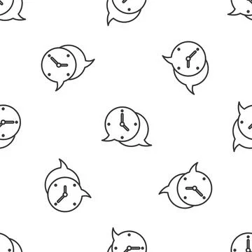 Grey line Clock with speech bubble icon isolated seamless pattern on white Stock Illustration