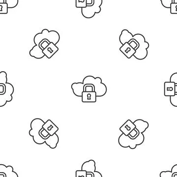 Grey line Cloud computing lock icon isolated seamless pattern on white 스톡 일러스트