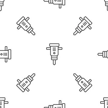 Grey line Construction jackhammer icon isolated seamless pattern on white b.. 스톡 일러스트