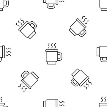 Grey line Cup of tea icon isolated seamless pattern on white background. Vector Stock Illustration