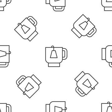 Grey line Cup of tea with tea bag icon isolated seamless pattern on white 스톡 일러스트