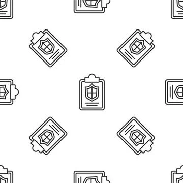 Grey line Document with shield icon isolated seamless pattern on white Stock Illustration