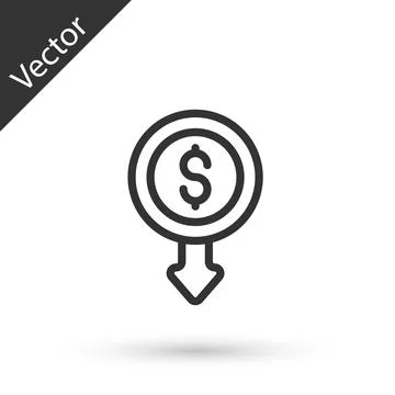 Grey line Dollar rate decrease icon isolated on white background. Cost reduction Illustrazione stock