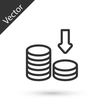 Grey line Dollar rate decrease icon isolated on white background. Cost reduction Stock Illustration