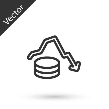 Grey line Dollar rate decrease icon isolated on white background. Cost reduction Illustrazione stock