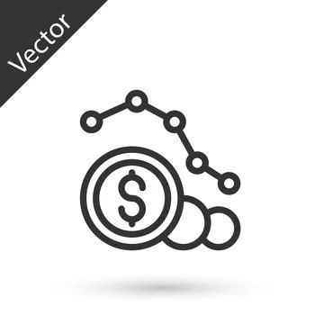 Grey line Dollar rate decrease icon isolated on white background. Cost reduction 库存插图