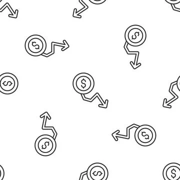 Grey line Dollar rate decrease icon isolated seamless pattern on white back.. Illustrazione stock