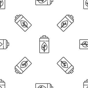 Grey line Eco nature leaf and battery icon isolated seamless pattern on white Stockillustratie