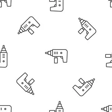 Grey line Electric drill machine icon isolated seamless pattern on white Illustrazione stock