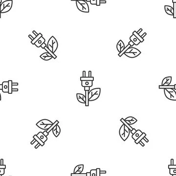 Grey line Electric saving plug in leaf icon isolated seamless pattern on white Illustrazione stock