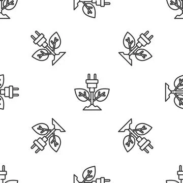 Grey line Electric saving plug in leaf icon isolated seamless pattern on white Stock Illustration