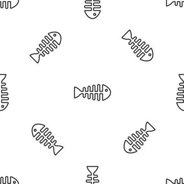 Grey line Fish skeleton icon isolated seamless pattern on white background. Fish Illustrazione stock