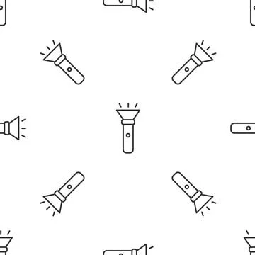Grey line Flashlight icon isolated seamless pattern on white background. Vector 스톡 일러스트
