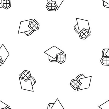 Grey line Graduation cap with shield icon isolated seamless pattern on whit.. Stock Illustration