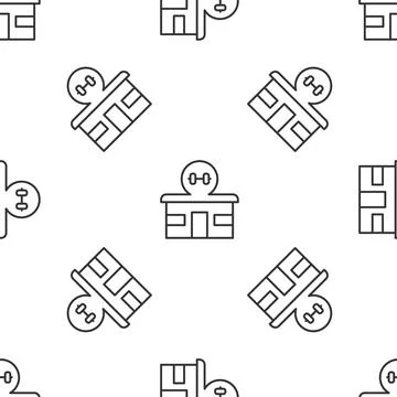 Grey line Gym building icon isolated seamless pattern on white background. Sp Ilustración de archivo