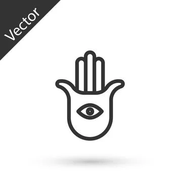 Grey line Hamsa hand icon isolated on white background. Hand of Fatima - am.. Illustrazione stock