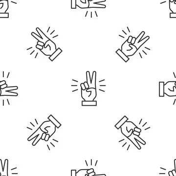 Grey line Hand showing two finger icon isolated seamless pattern on white Illustrazione stock